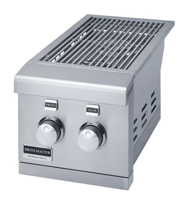 Broilmaster B/G Series 12" Double Side Burner - Slide in: Stainless steel double side burner for outdoor kitchens, producing up to 24,000 BTUs with two independently controlled burners and conversion kit for flexible installation.