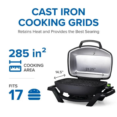 Napoleon TravelQ Pro285E Portable Electric Grill, featuring sleek all-black styling with chrome accents, compact cast aluminum lid, and high-topped porcelainized cast iron WAVE grids for precise temperature control and searing capabilities.