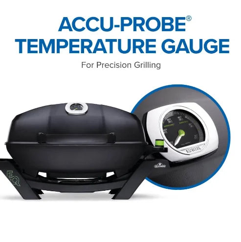 The Napoleon TravelQ Pro285E Portable Electric Grill features sleek all-black styling, refined chrome accents, and a durable cast aluminum lid to deliver restaurant-quality results anywhere.