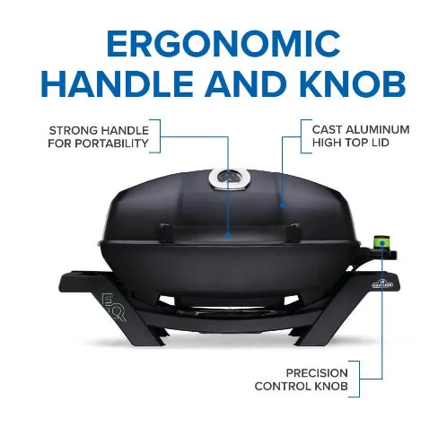 Napoleon TravelQ Pro285E Portable Electric Grill features sleek all-black styling, chrome accents, and powerful 1500-watt electric heating system for consistent high-performance grilling.