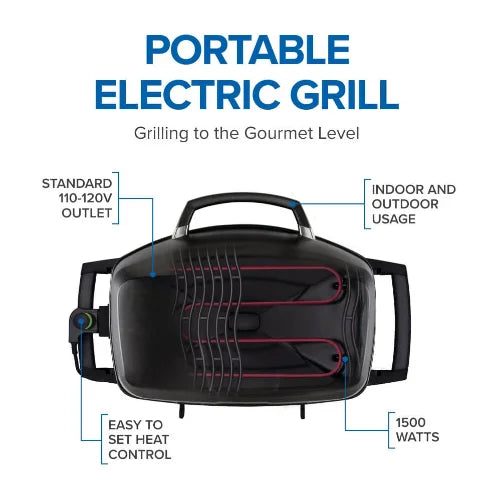Napoleon TravelQ Pro285E Portable Electric Grill features sleek all-black styling, refined chrome accents, and cast aluminum lid for even heat retention.