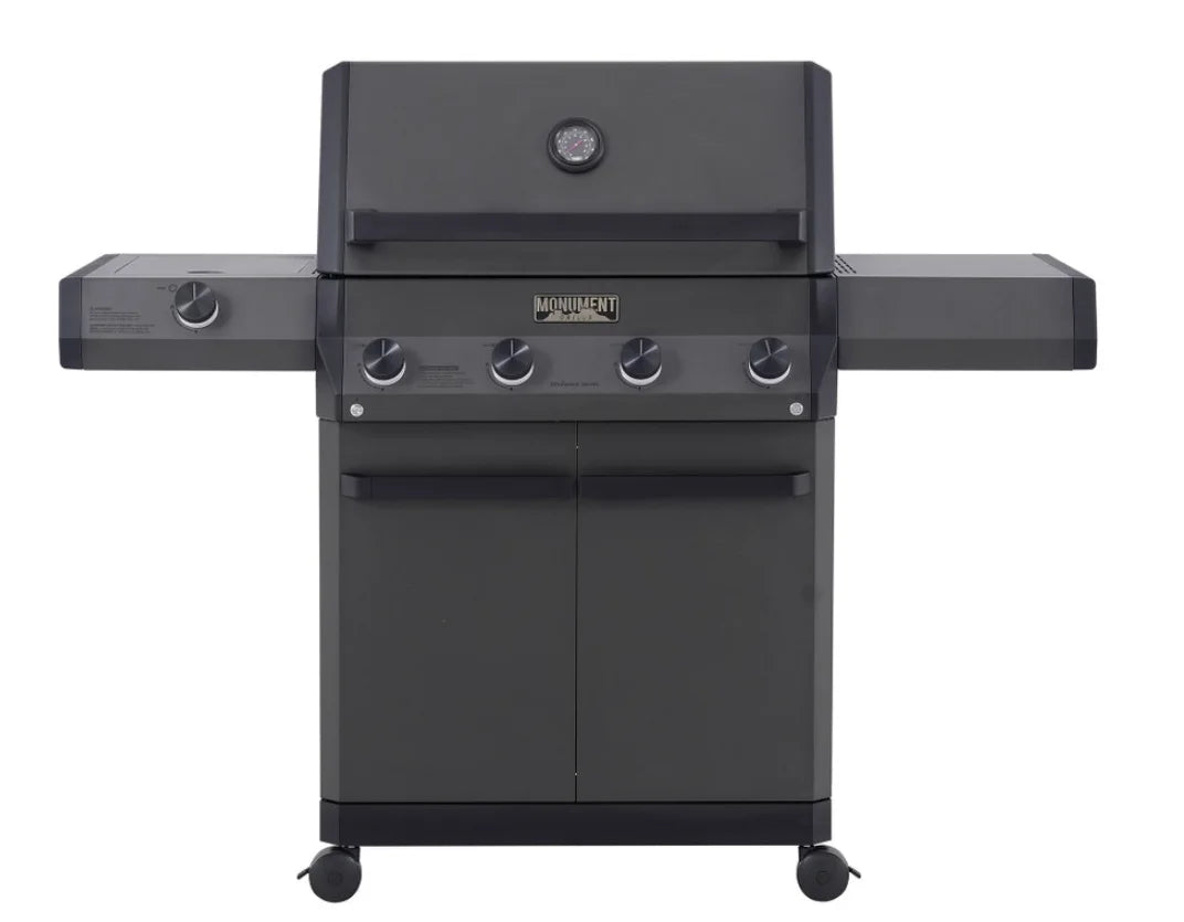Monument Grills Eminence Series E425 Gas Grill, featuring a sleek pearl matte black finish, 640 sq. in. of total cooking space, die-cast aluminum and cast iron construction for durability and heat retention, high-performance burners producing 69,000 BTUs, porcelain-enameled cast iron grates, and elegant design.