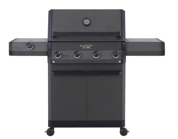 Monument Grills Eminence Series E425 Gas Grill, featuring a sleek pearl matte black finish, 640 sq. in. of total cooking space, die-cast aluminum and cast iron construction for durability and heat retention, high-performance burners producing 69,000 BTUs, porcelain-enameled cast iron grates, and elegant design.