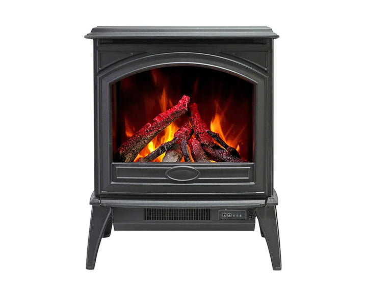 Amantii - Cast Iron Freestand Electric Fireplace: Distinctive European-style free-standing electric fireplace featuring cast iron construction, beveled glass viewing area, vibrant flame presentation, and ambient canopy lighting with 13 color themes.