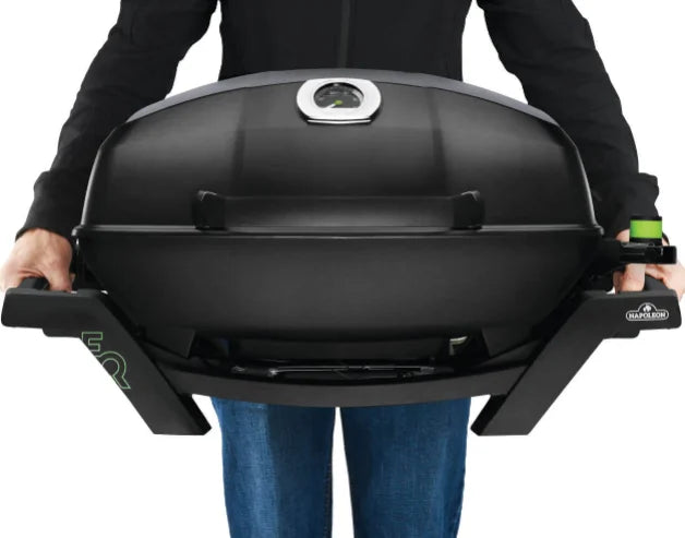Napoleon TravelQ Pro285E - Portable Electric Grill, sleek all-black design with chrome accents, featuring high-topped cast aluminum lid and windproof heating system for restaurant-quality results on-the-go.