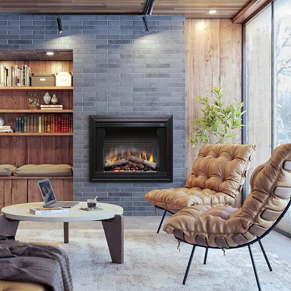Dimplex 39" BF Deluxe Built-in Electric Firebox/Fireplace featuring lifelike LED ember glow logs, pulsating embers, and fan-forced heating for up to 400 sq. ft. room.
