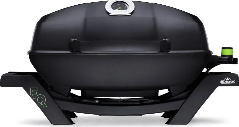 Napoleon TravelQ Pro285E Portable Electric Grill - Sleek all-black design with chrome accents, compact powerhouse delivering restaurant-quality results with 1500-watt electric heating system and porcelainized cast iron cooking grids.