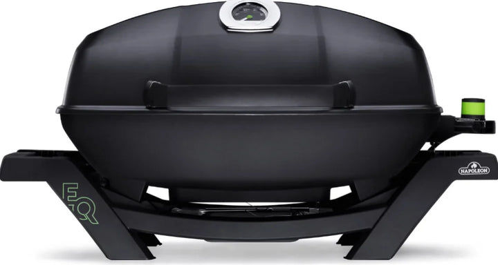 Napoleon TravelQ Pro285E Portable Electric Grill - Sleek all-black design with chrome accents, compact powerhouse delivering restaurant-quality results with 1500-watt electric heating system and porcelainized cast iron cooking grids.