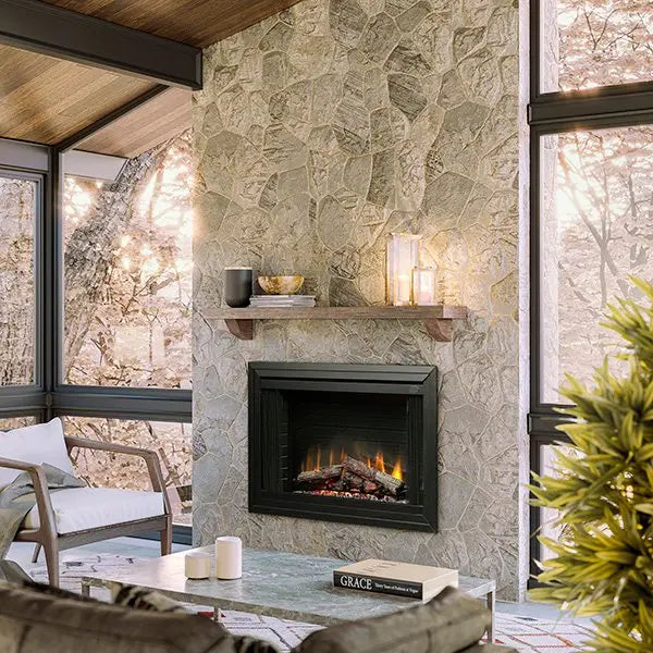 Dimplex 45" BF Deluxe Built-in Electric Firebox/Fireplace features a faux brick interior, LED inner glow logs, and pulsating ember technology for an unmatched realistic fireplace experience.