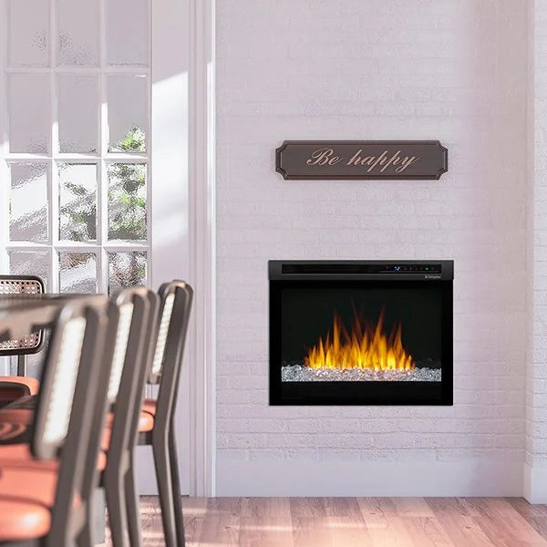Dimplex Nova 23" Multi-Fire XHD Plug-in Electric Firebox: A sleek black glass surround showcases vibrant LED flames that can be adjusted in brightness and speed for a customizable ambiance.