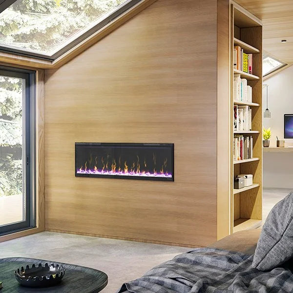 Dimplex IgniteXL Linear Recessed Electric Fireplace with lifelike flames and edge-to-edge glass display, featuring patented flame technology and Comfort$aver heating system for energy efficiency and precise heat control.