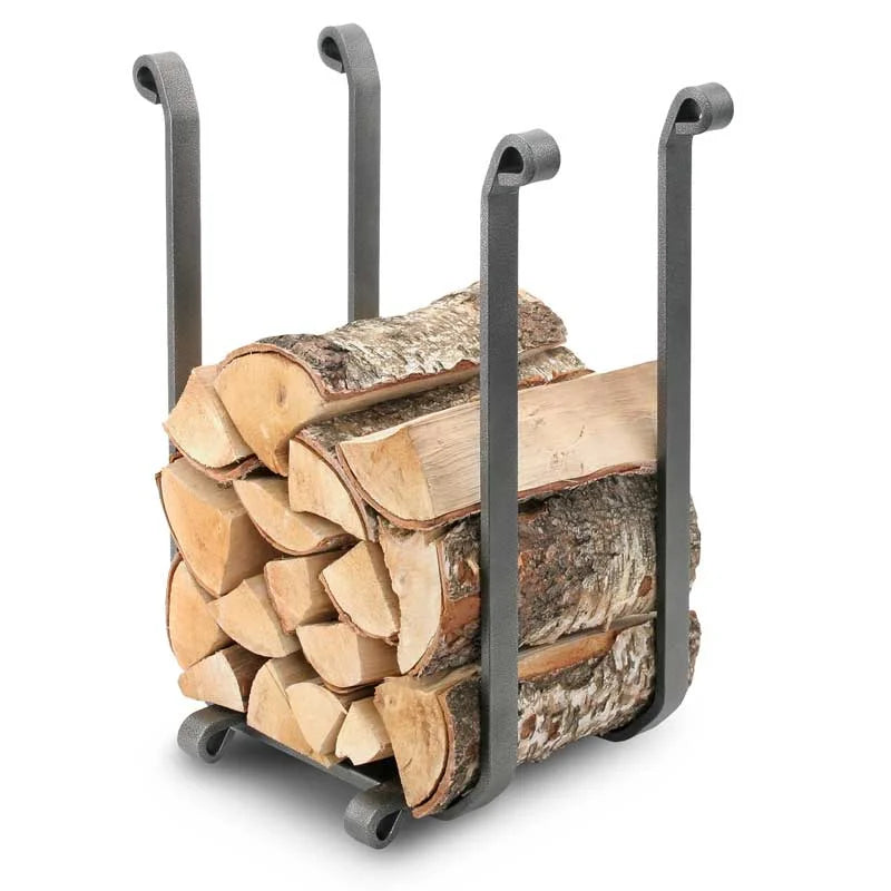 Hand-forged Pilgrim Blacksmith Log Holder in vintage iron finish, featuring heavy-duty design for reliable firewood storage and a stable base.