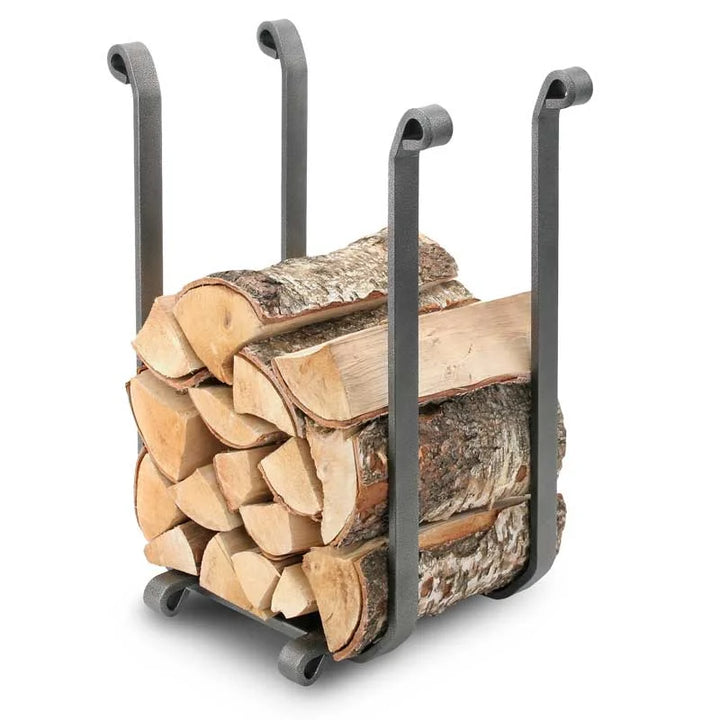 Hand-forged Pilgrim Blacksmith Log Holder in vintage iron finish, featuring heavy-duty design for reliable firewood storage and a stable base.
