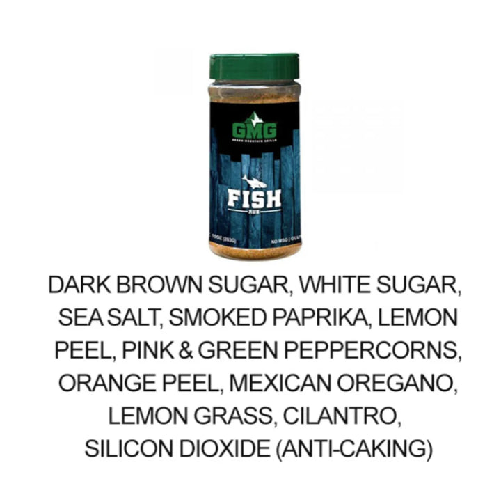 Green Mountain Grills Fish Dry Rub - Exotic blend of spices including lemongrass powder, green peppercorns, cilantro, and citrus peels adds vibrant flavor to seafood.