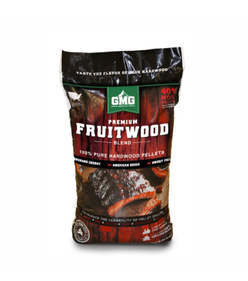 Premium Fruitwood Blend Wood Pellets, 28 lb bag, 100% kiln-dried sawdust blend of Orchard Cherry, American Beech, and Sweet Pecan for naturally sweet, fruity aroma and light, flavorful smoke.