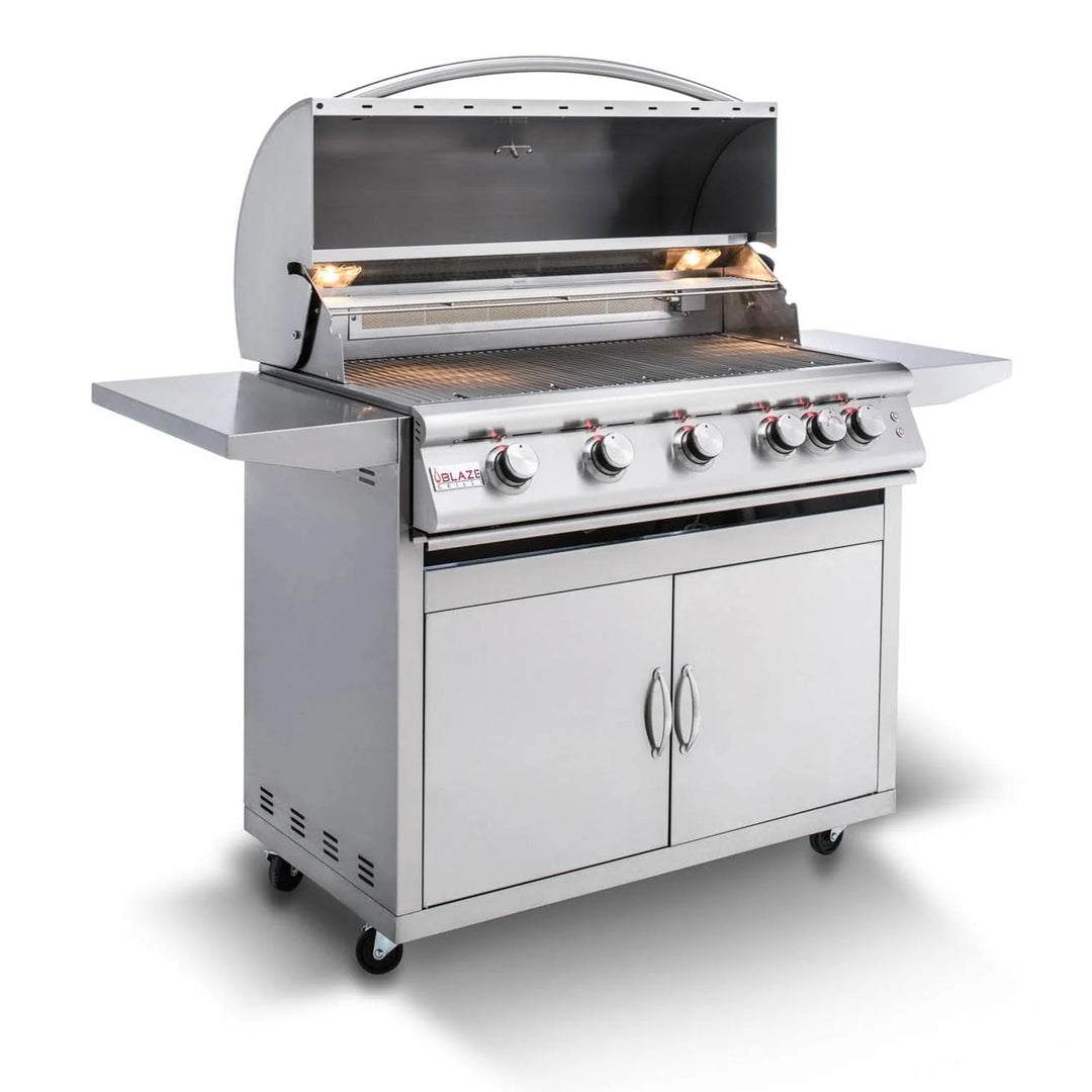 Blaze Premium LTE 40-Inch 5-Burner Freestanding Grill, commercial-quality gas grill made from cast 304-grade stainless steel with 80,000 total BTUs and 915 square inches of cooking space.