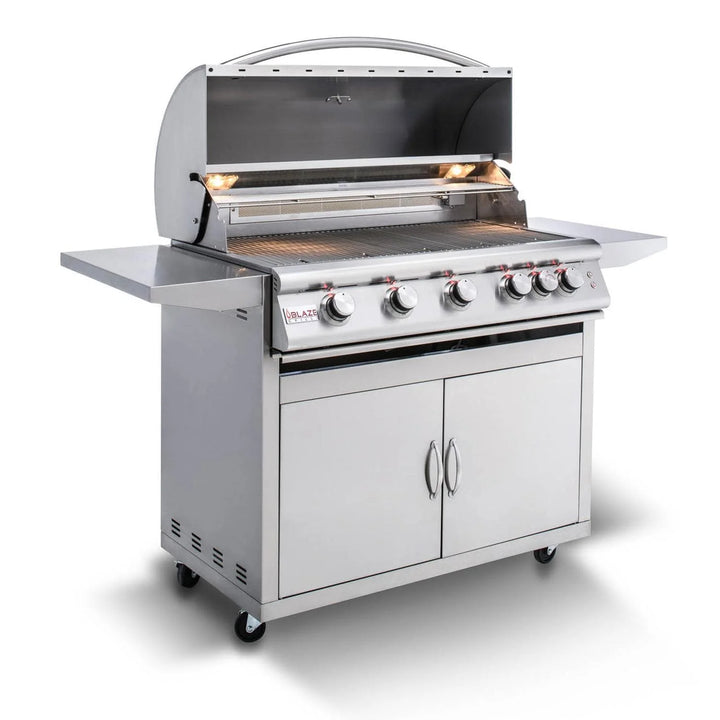 Blaze Premium LTE 40-Inch 5-Burner Freestanding Grill, commercial-quality gas grill made from cast 304-grade stainless steel with 80,000 total BTUs and 915 square inches of cooking space.