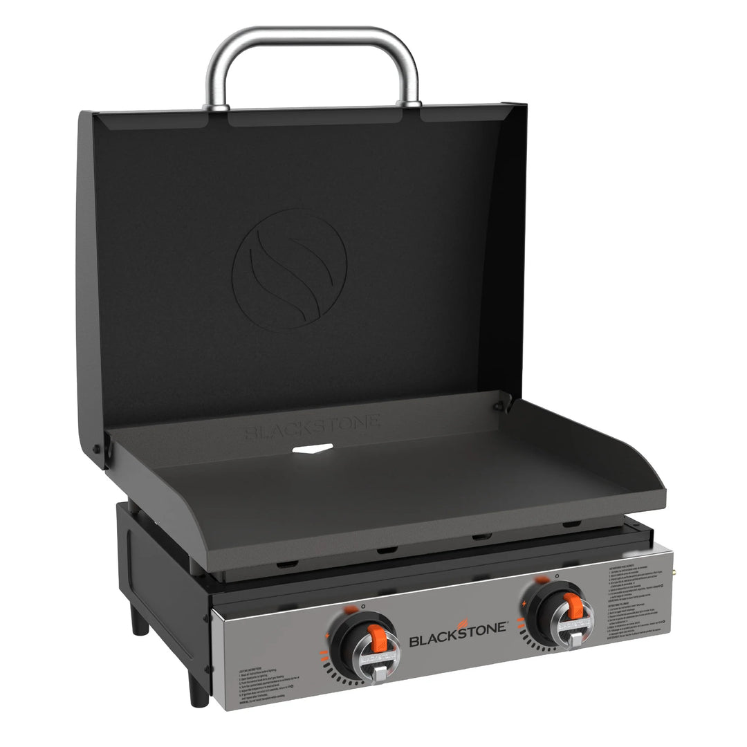 Blackstone Original 22" Tabletop Griddle with Hood features dual heat zones, Omnivore griddle plate for quick preheating, built-in hood for surface protection, and rear grease management system for easy cleanup.