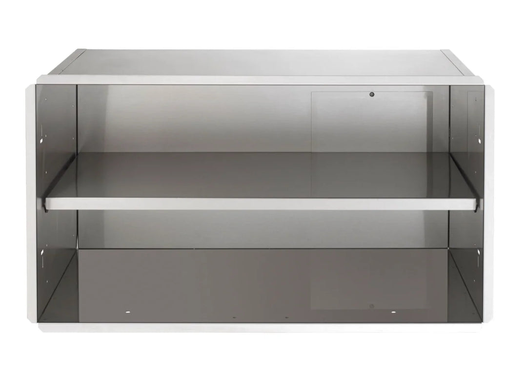 Vintage Grills 30-Inch Stainless Steel Enclosure features heavy-duty 18-gauge 304 stainless steel construction, removable service panels for maintenance access, and expanded storage capacity in an outdoor kitchen setup.