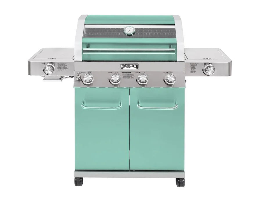 Monument Grills Green 4-Burner Gas Grill - Classic Series, stainless steel propane grill with four burners, infrared side sear burner, and ClearView glass lid, delivering 72,000 BTUs of heat output across 723 sq. in. of cooking space.