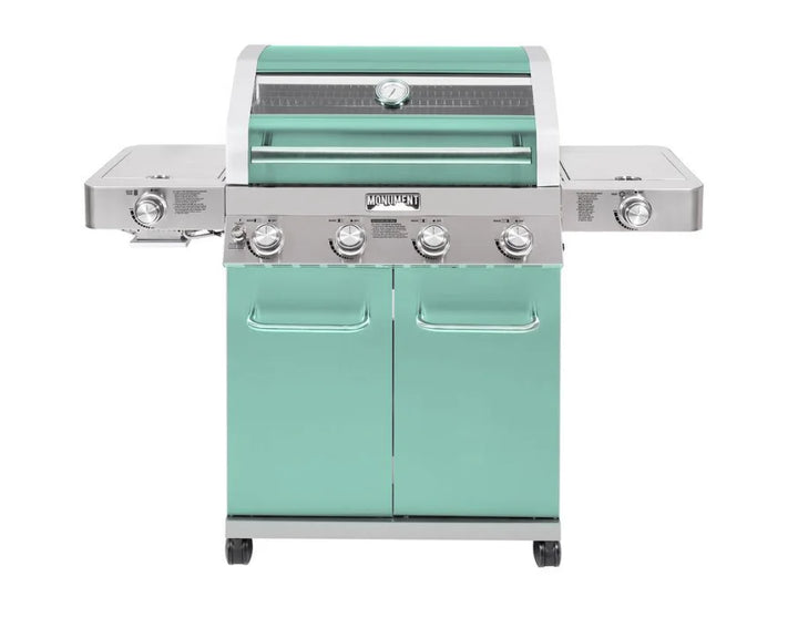 Monument Grills Green 4-Burner Gas Grill - Classic Series, stainless steel propane grill with four burners, infrared side sear burner, and ClearView glass lid, delivering 72,000 BTUs of heat output across 723 sq. in. of cooking space.