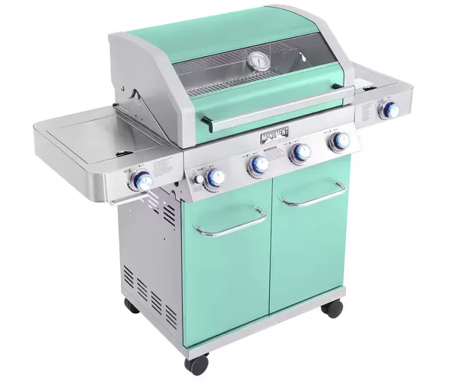 Monument Grills Classic Series Green 4-Burner Gas Grill - A stainless steel propane grill with vibrant green finish, four burners, infrared side sear burner, and LED-backlit control knobs for outdoor cooking excellence.