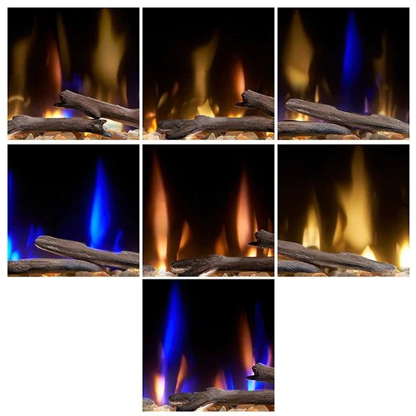 Dimplex 100" Ignite Evolve Built-in Linear Electric Fireplace features a patented Multi-Fire XD flame technology, frameless design, and customizable lighting, offering a panoramic flame experience with vibrant media bed and driftwood logs for realistic visuals.
