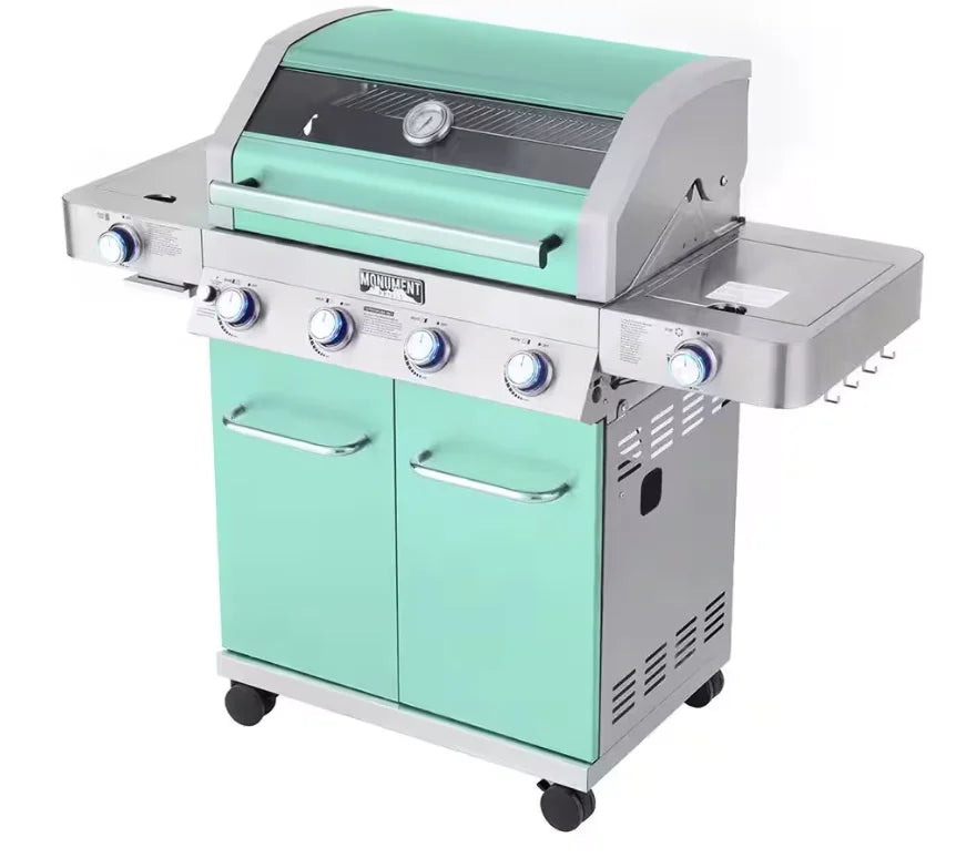 Monument Grills Green 4-Burner Gas Grill - Classic Series: A stunning green gas grill with stainless steel burners, infrared side sear burner, and clear view glass lid, delivering powerful performance for memorable gatherings.
