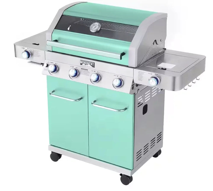 Monument Grills Green 4-Burner Gas Grill - Classic Series: A stunning green gas grill with stainless steel burners, infrared side sear burner, and clear view glass lid, delivering powerful performance for memorable gatherings.