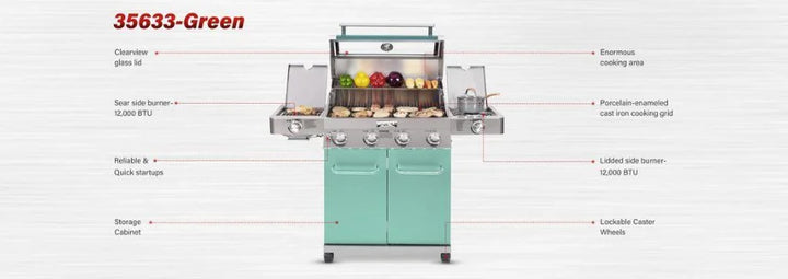 Monument Grills Green 4-Burner Gas Grill - Classic Series: Durable stainless steel propane grill with vibrant green finish, four burners, infrared side sear burner, and LED-lit control knobs for efficient cooking and outdoor entertaining.