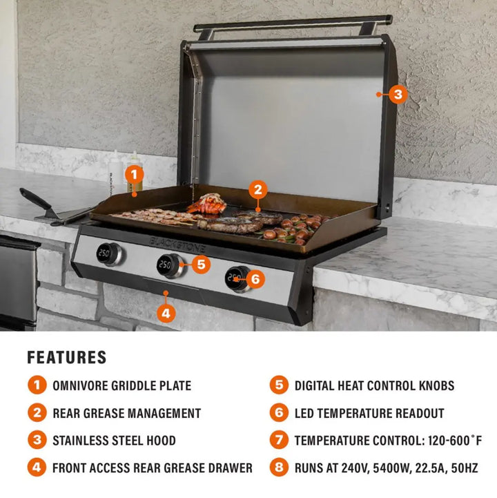 Blackstone 30” Electric Drop-In Griddle: Versatile cooking surface featuring three independently controlled heat zones with digital temperature readouts, stainless steel construction, and rear grease management for effortless cleanup.