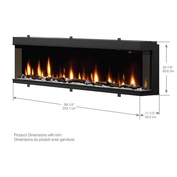 Dimplex IgniteXL Bold 100" Smart Linear Multi-Side View Built-In Electric Fireplace features modern design, patented mirror effect, advanced controls, and flexible display options, including corner installations, with three flame colors or customizable color combinations, set amidst natural driftwood and acrylic crystals.