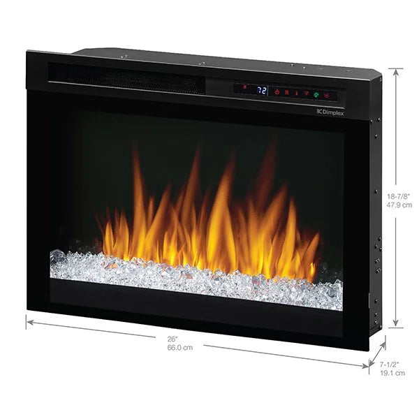 Dimplex Nova 26" Multi-Fire XHD Plug-in Electric Firebox features low-profile design, high-contrast flames, and customizable multi-flame technology for elegant ambiance with powerful fan-forced heating options.