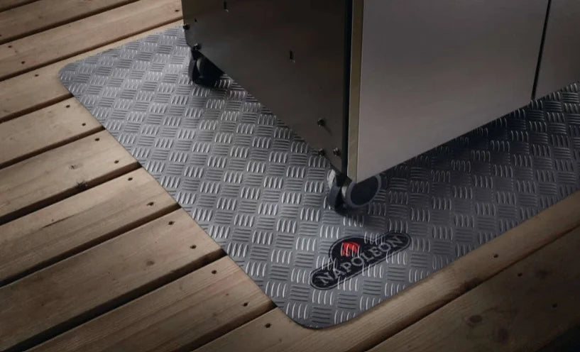 Napoleon Grill Mat for Large Grills: Extra-large, fire-resistant mat protecting decks and patios from grease, oil, sparks, and spills, featuring non-slip grey diamond plate pattern.