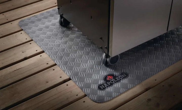 Napoleon Grill Mat for Large Grills: Extra-large, fire-resistant mat protecting decks and patios from grease, oil, sparks, and spills, featuring non-slip grey diamond plate pattern.