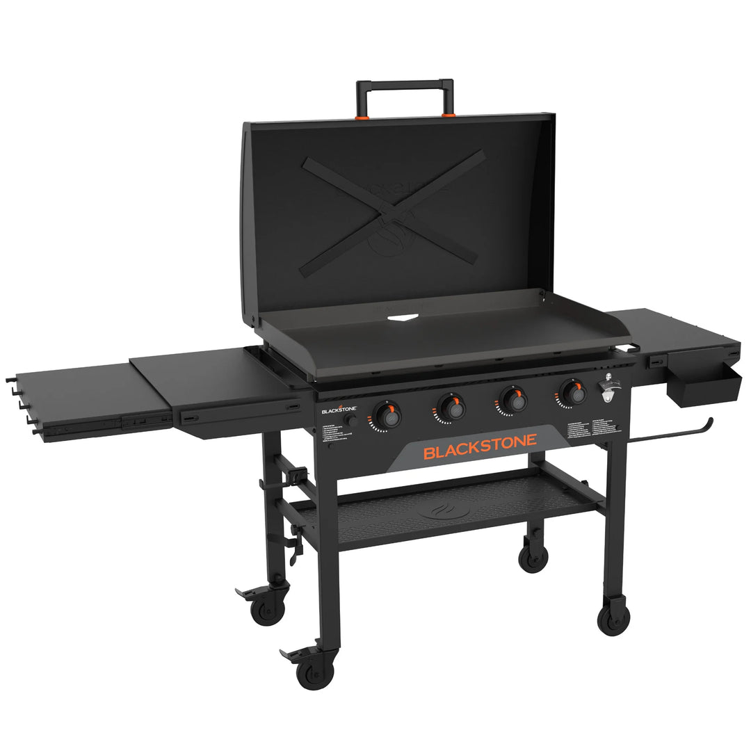 Blackstone Original 36-Inch Griddle with Hood: large freestanding gas griddle with reinforced hood, four independently controlled heat zones, and expansive folding side shelves for outdoor cooking.