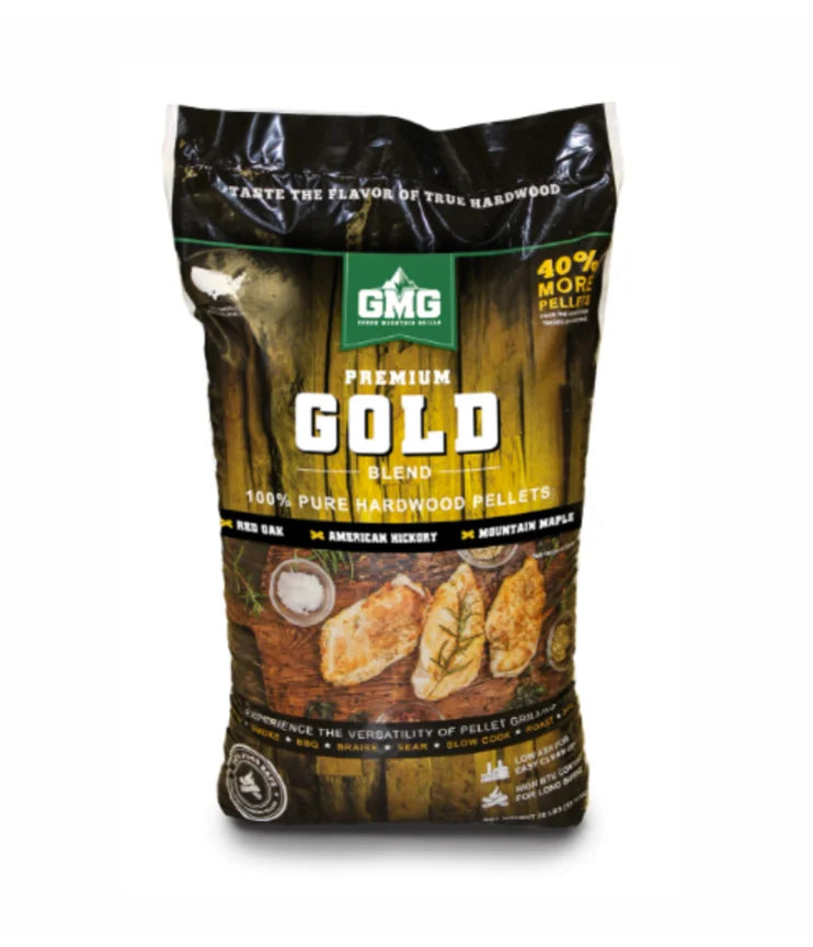 Premium Gold Blend Wood Pellets - 28 lb Bag: Mellow blend of Red Oak, American Hickory, and Mountain Maple wood pellets for balanced smokiness in pellet grills and smokers.