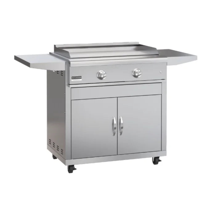 Broilmaster B-Series 32" Portable Griddle, heavy-duty stainless steel construction, two 18k BTU U-burners, 462 sq. in. cooking surface, ideal for outdoor entertaining.