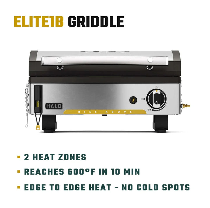 Halo Elite1B Countertop Griddle (2 Zones) with compact 284 sq. in. cooking surface, dual-zone burner system for precise temperature control, and wind-proof design for outdoor use.