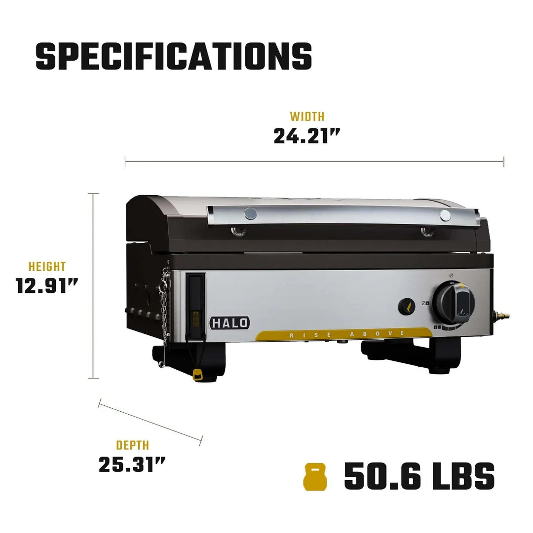 Halo Elite1B Countertop Griddle (2 Zones) - compact outdoor cooking station with dual-zone burner system, 284 sq. in. griddle surface, wind-proof design, and temperature range of 300°F–600°F.