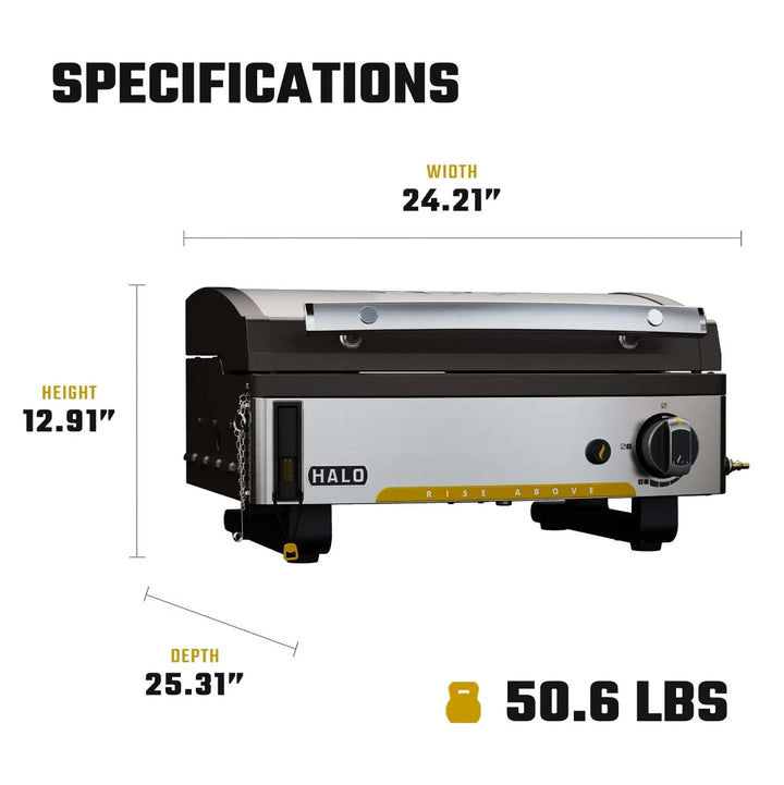 Halo Elite1B Countertop Griddle (2 Zones) - compact outdoor cooking station with dual-zone burner system, 284 sq. in. griddle surface, wind-proof design, and temperature range of 300°F–600°F.