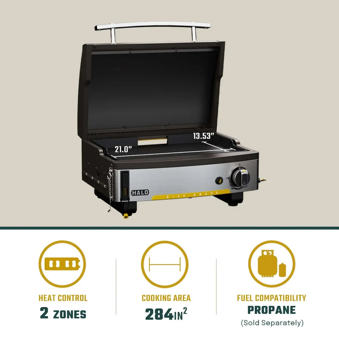 Halo Elite1B Countertop Griddle (2 Zones) - compact outdoor cooking station with dual-zone burner system, 284 sq. in. griddle surface, and wind-proof design for precise temperature control.