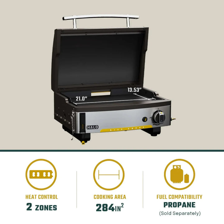 Halo Elite1B Countertop Griddle (2 Zones) - compact outdoor cooking station with dual-zone burner system, 284 sq. in. griddle surface, and wind-proof design for precise temperature control.
