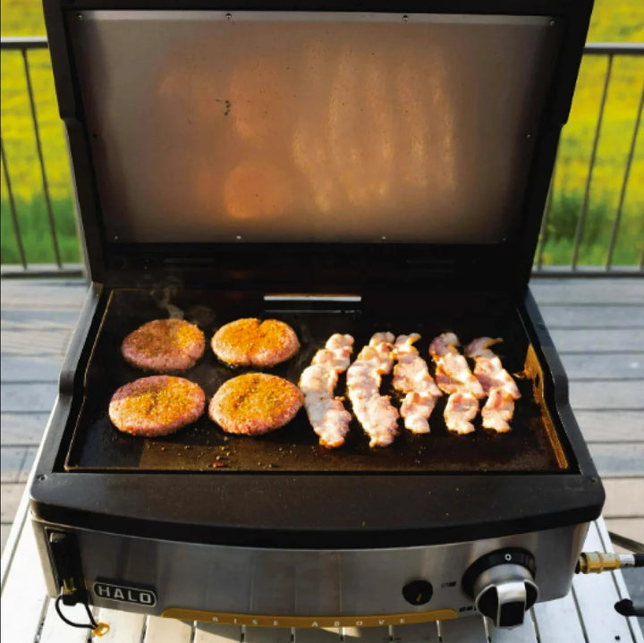 Halo Elite1B Countertop Griddle (2 Zones) features dual-zone burner system, 284 sq. in. cooking surface, quick warm-up to 300°F–600°F, wind-proof design, and grease management system.