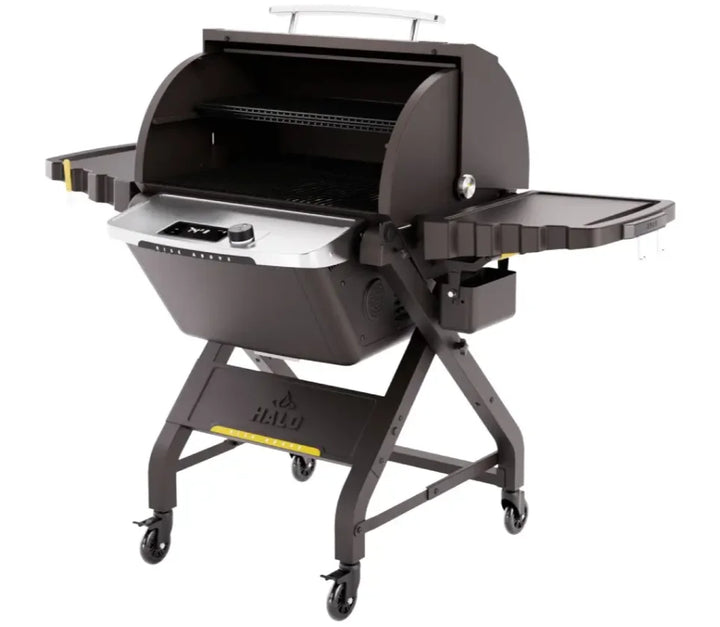 Halo "Prime1100" Outdoor Pellet Grill - Rechargeable battery-powered grill with massive 1,129 sq in cooking space, featuring dual-pellet blending, high-heat performance up to 500°F, and portable design.
