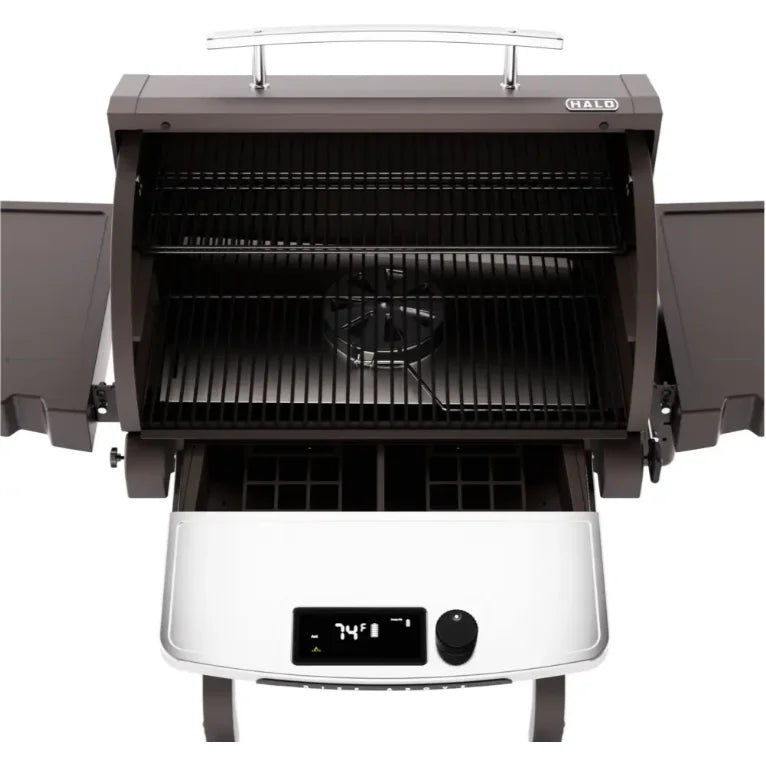 Halo Prime1100 Outdoor Pellet Grill featuring massive 1,129 sq in cooking space, rechargeable battery, and dual-pellet blending capabilities for professional wood-smoked flavor and searing heat control.