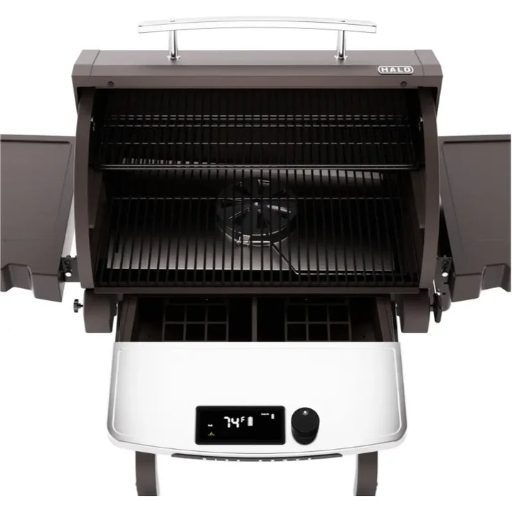 Halo Prime1100 Outdoor Pellet Grill featuring massive 1,129 sq in cooking space, rechargeable battery, and dual-pellet blending capabilities for professional wood-smoked flavor and searing heat control.