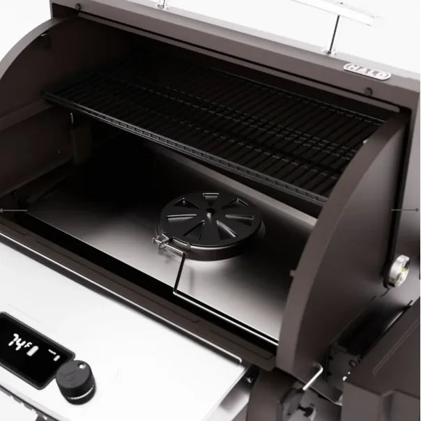 Halo Prime1100 Outdoor Pellet Grill featuring rechargeable battery power, massive 1,129 sq in cooking space, dual-pellet blending, high-heat performance up to 500°F, and lift-off construction for portable tabletop use.