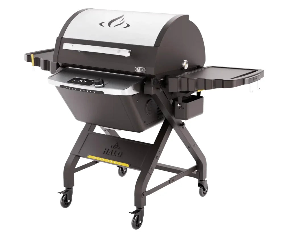 The Halo Prime1100 Outdoor Pellet Grill features a rechargeable battery powering up to 1,129 sq in cooking space with dual-pellet blending capabilities for custom smoke flavors and high-heat performance reaching up to 500°F.