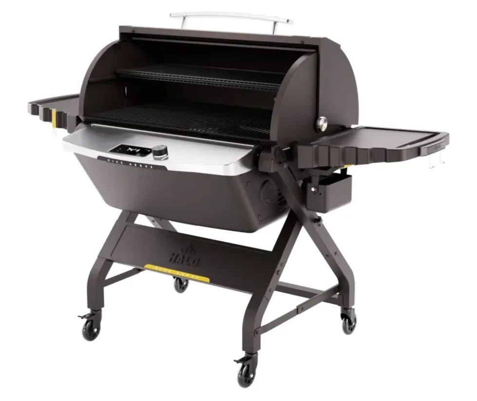Halo "Prime1500" Outdoor Pellet Grill featuring 1,474 sq in of cooking space, dual-pellet blending capabilities, high-heat searing up to 500 °F, and rechargeable battery power option.